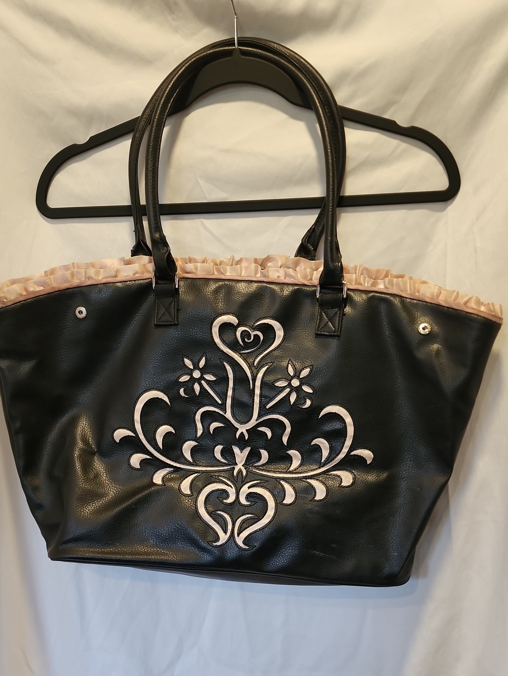 Black Tote Bag with Pink Trim and Embroidered Design By Mary Kay